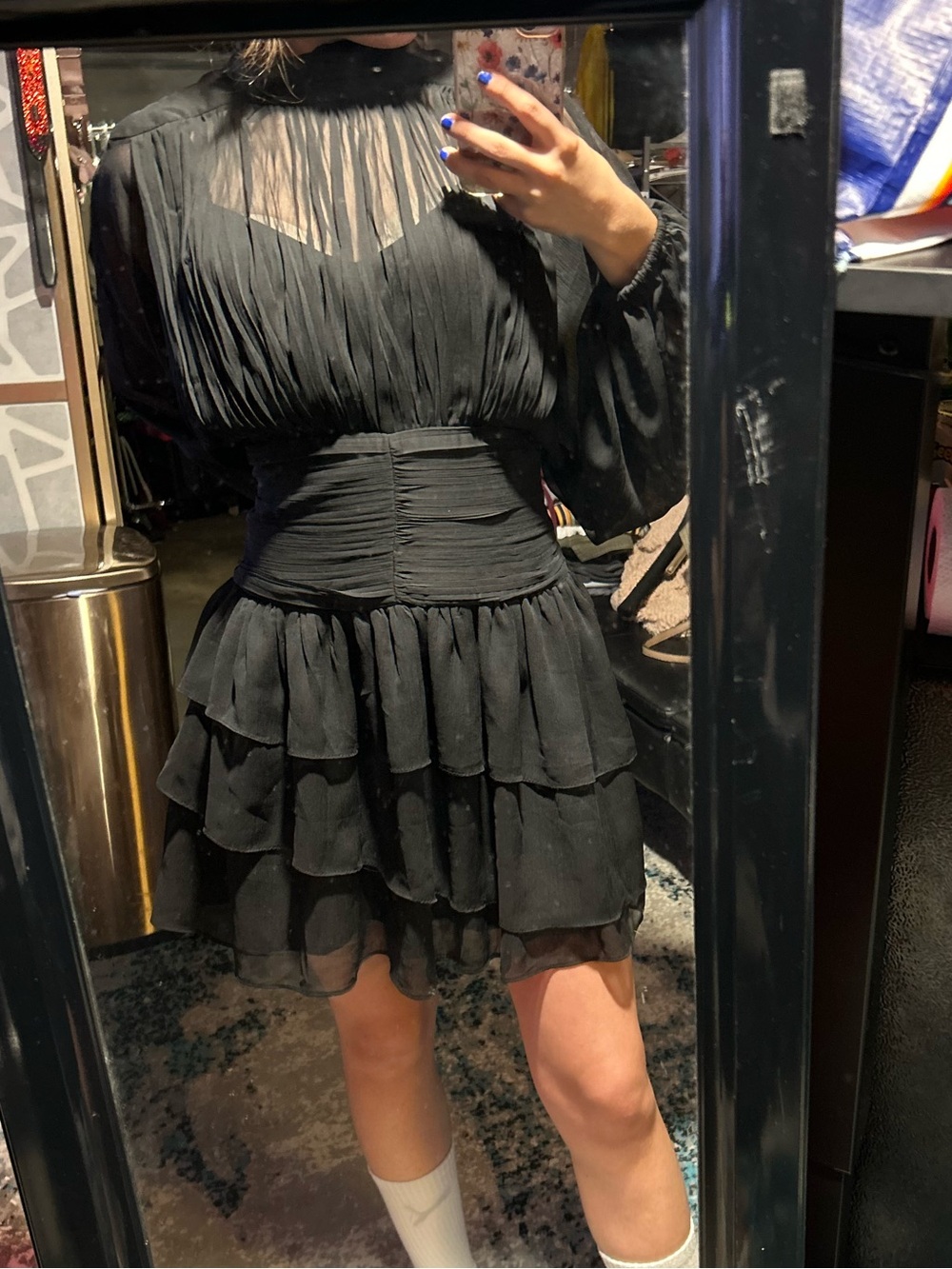 Express Black Sheer Tiered Ruffle Mini Dress